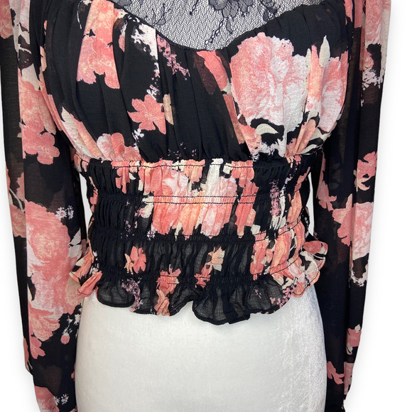 Free People Daphne Blouse Floral Print Lace Sheer Long Sleeve Blouse - Picture 10 of 12